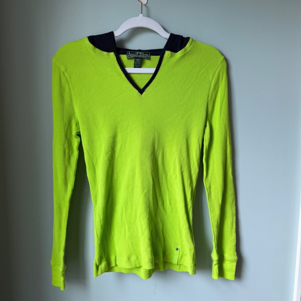 Lauren Ralph Lauren Active Waffle Knit Long Sleeve Top Hoodie Neon Green Small